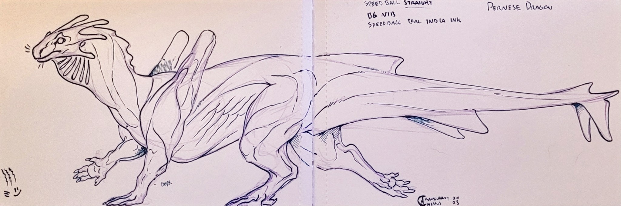 A Pernese dragon runs to the left, displaying a lengthy body, oddly short legs, and a large head. The sketch is cut off at the wings to save space on the page. Rendered in Teal Ink on Paper.
