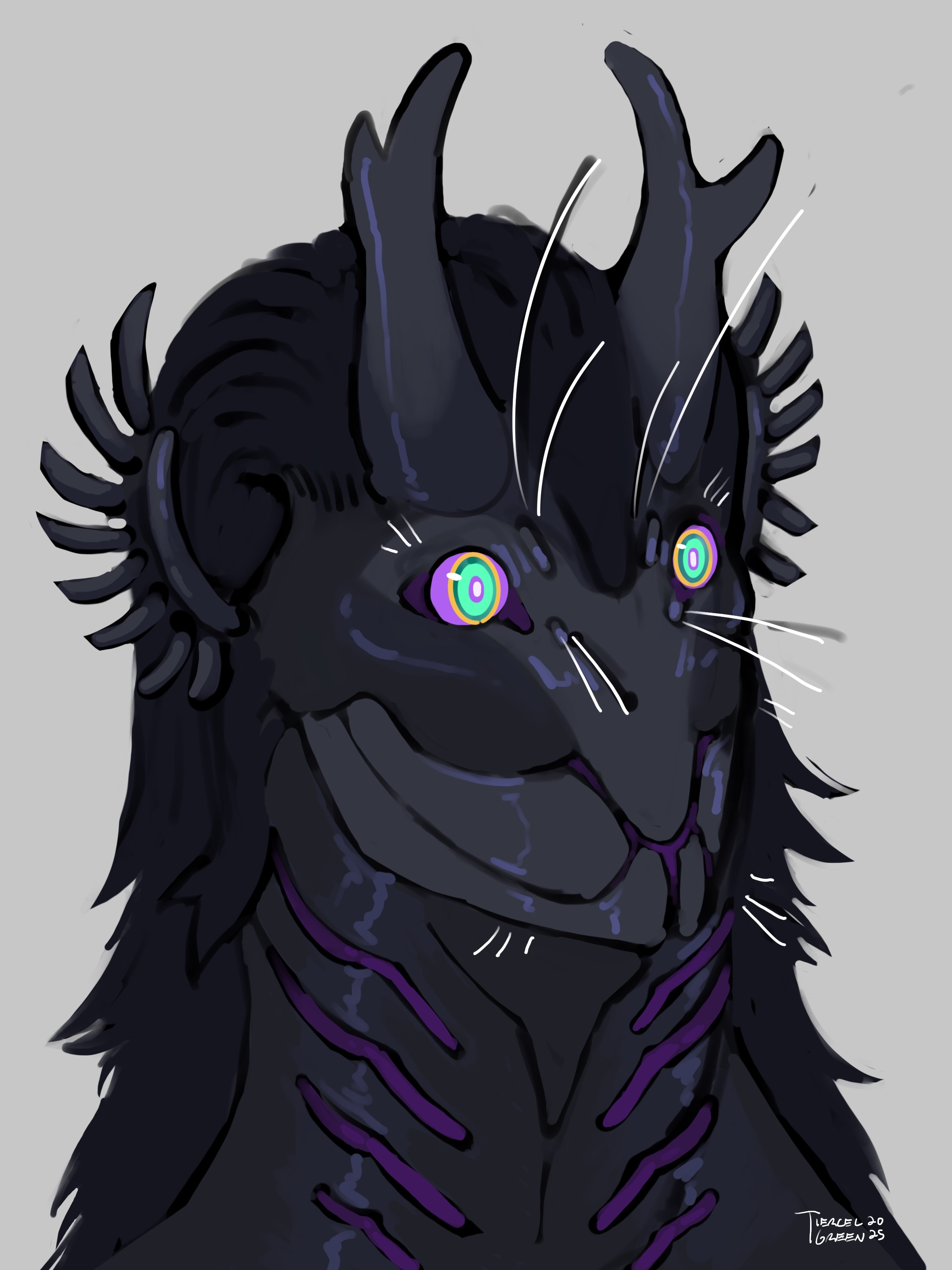 Tiercel Green's enderman form, nicknamed 'Thera'. They are a deep blueish black enderman with an insectoid appearance staring off into the distance with purple, yellow, and teal ringed eyes.