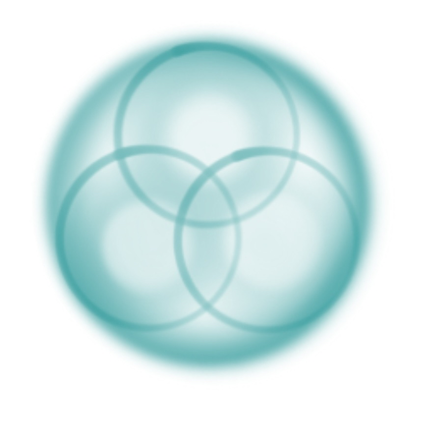 A hazy teal and white semi-transparent circle featuring a teal 3-part venn diagram