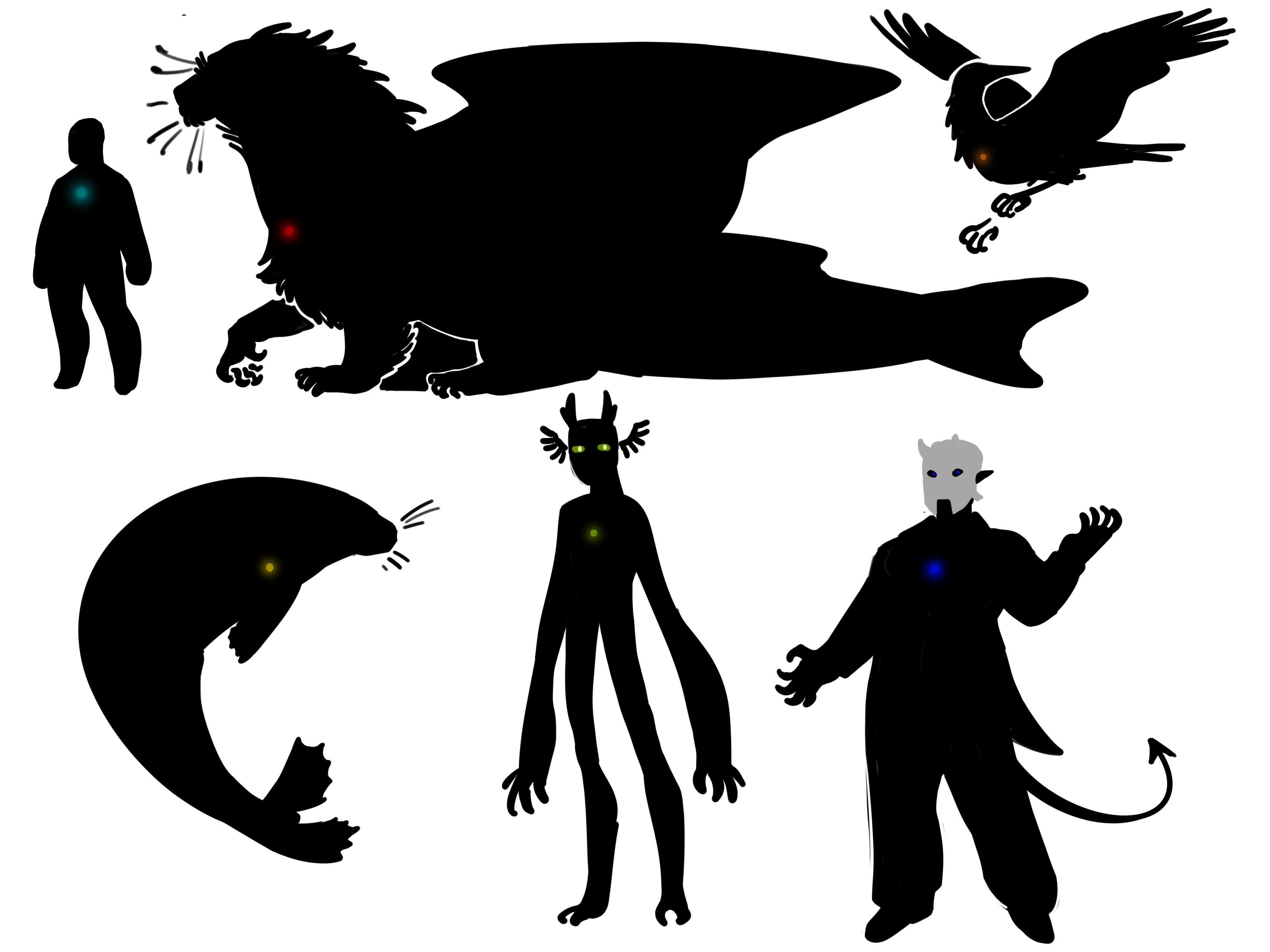 Silhouetted depictions of Tiercel Green as a Human, Dragon, Bittern, Leopard Seal Selkie, Enderman, and Nameless Ghoul.